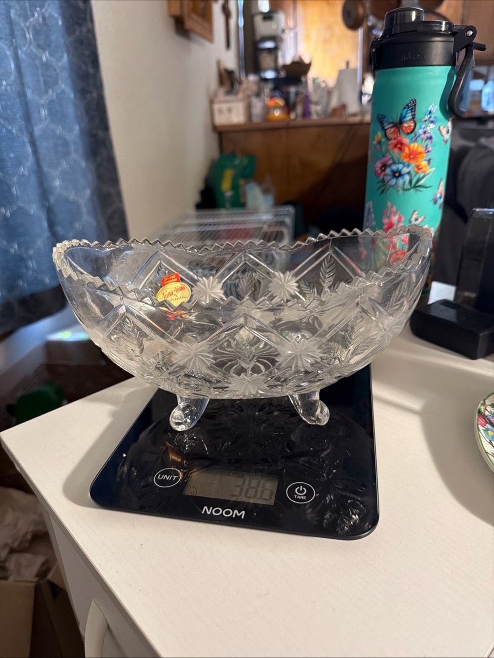 Source Unknown Clear Cut Glass Footed Bowl with Starburst Pattern